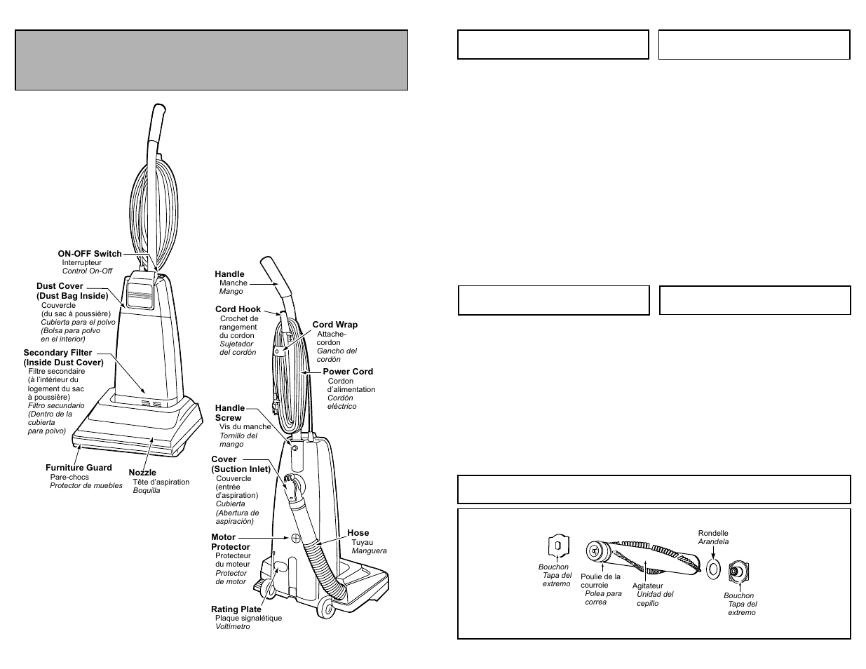 Degagement des obstructions, Limpieza del agitador, Cambio del agitador | Montaje de agitador, Parts identification, Identificación de piezas nomenclature | Panasonic MC-V120 User Manual | Page 29 / 40