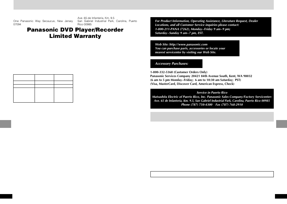 Limited warranty (only for u.s.a.), Product service, Panasonic dvd player/recorder limited warranty | Panasonic DVD-LV65 User Manual | Page 21 / 22