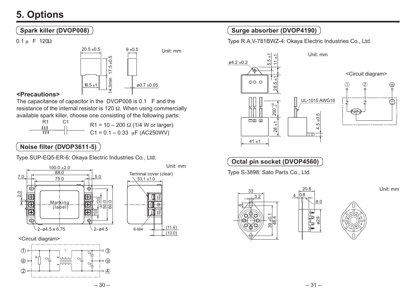 Options, Surge absorber (dvop4190), Octal pin socket (dvop4560) | Spark killer (dvop008), Precautions | Panasonic DVOP001 User Manual | Page 2 / 2