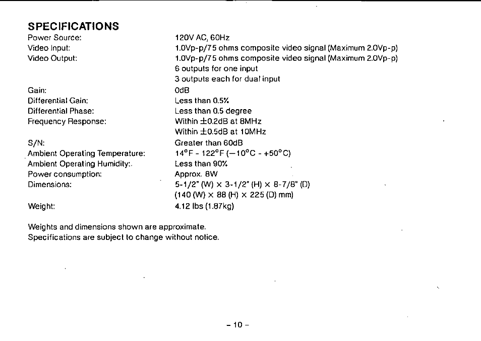 Specifications | Panasonic WJ-300C User Manual | Page 11 / 12