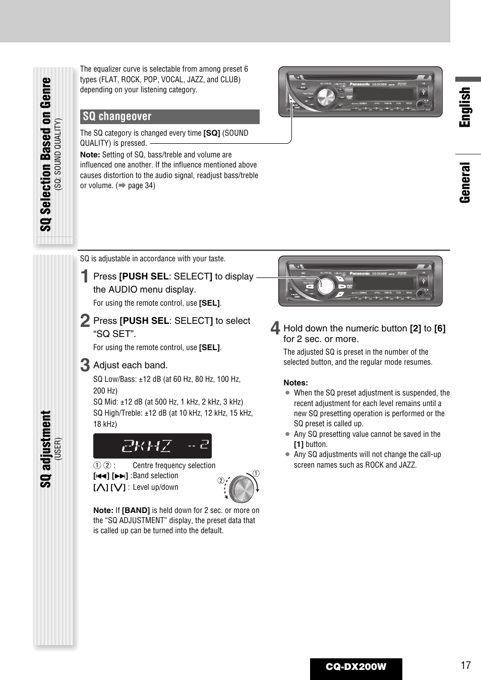 English, Sq selection based on genre, Sq adjustment | General | Panasonic CQ-DX200W User Manual | Page 17 / 64