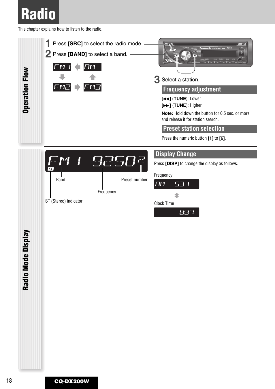 Radio, Radio mode display operation flow | Panasonic CQ-DX200W User Manual | Page 18 / 64