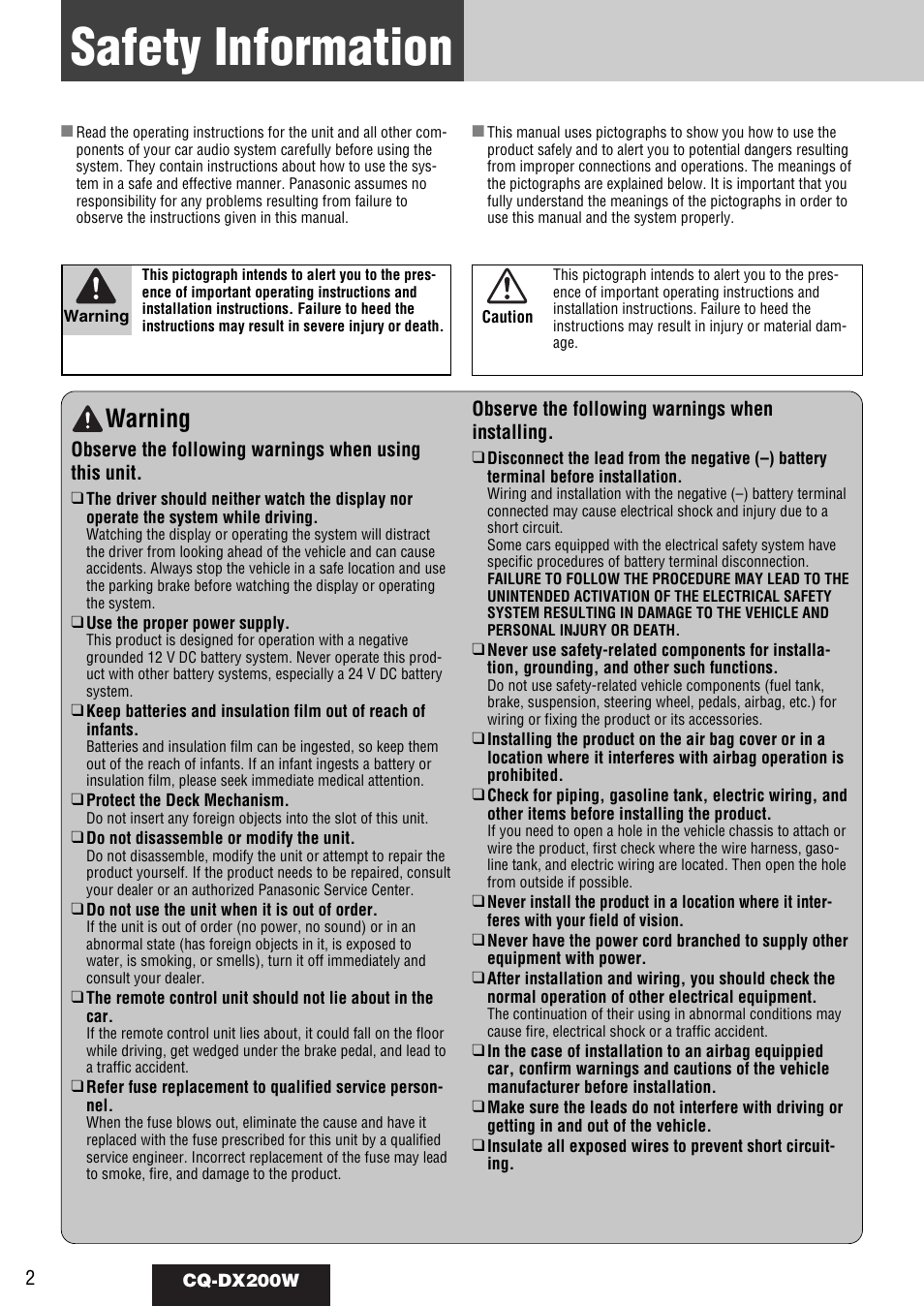 Safety information, Warning | Panasonic CQ-DX200W User Manual | Page 2 / 64