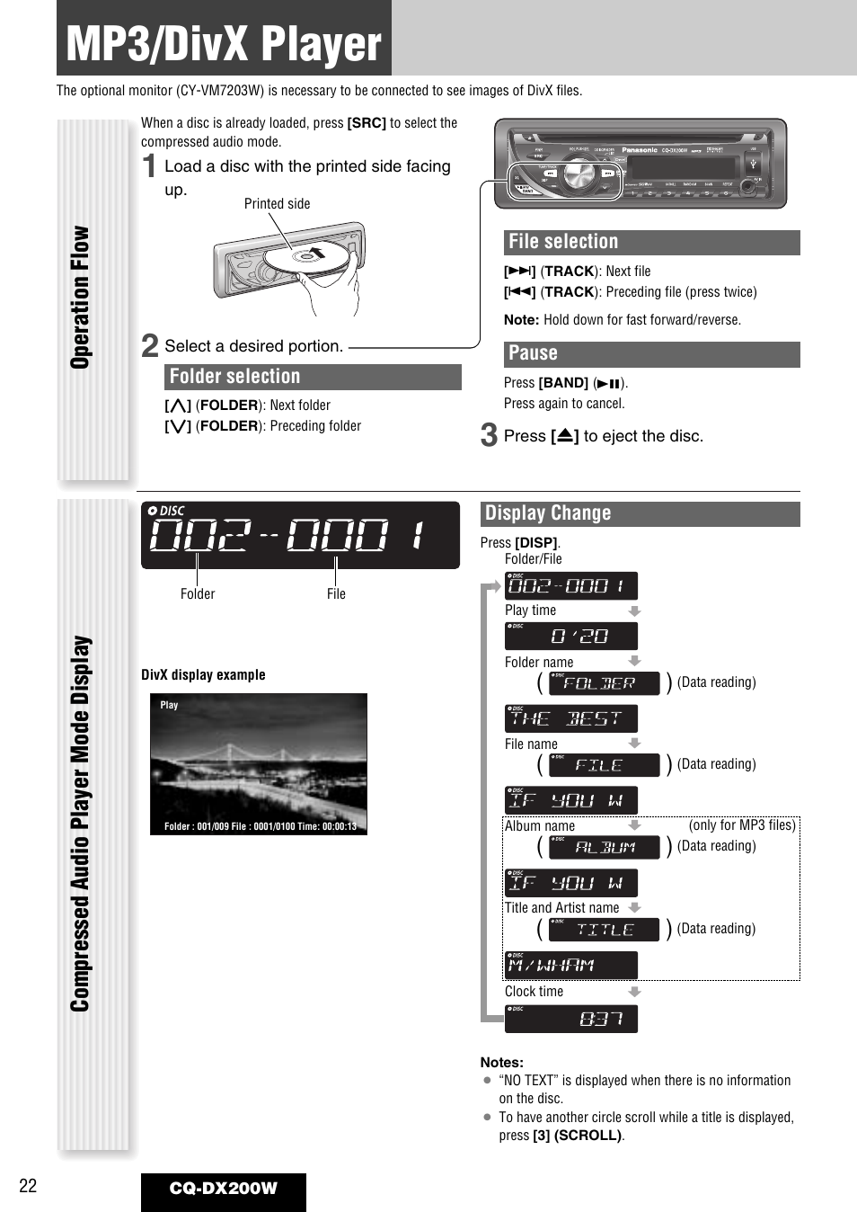 Mp3/divx player | Panasonic CQ-DX200W User Manual | Page 22 / 64