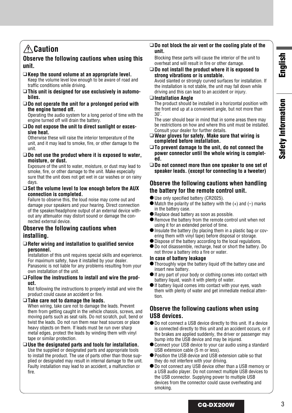 English, Safety information caution | Panasonic CQ-DX200W User Manual | Page 3 / 64