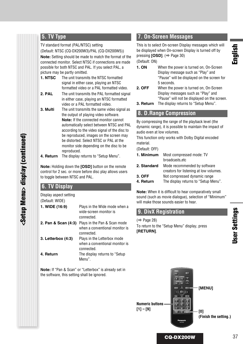 English, Setup menu> display (continued) user settings, Tv type | Tv display, On-screen messages, D.range compression, Divx registration | Panasonic CQ-DX200W User Manual | Page 37 / 64
