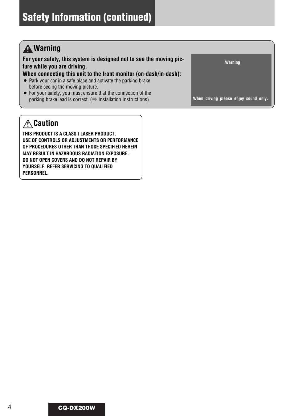 Safety information (continued), Warning, Caution | Panasonic CQ-DX200W User Manual | Page 4 / 64