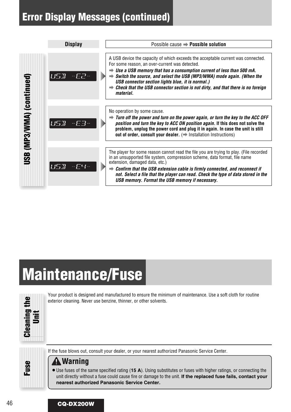 Maintenance/fuse, Error display messages (continued), Usb (mp3/wma) (continued) | Cleaning the unit fuse, Warning | Panasonic CQ-DX200W User Manual | Page 46 / 64