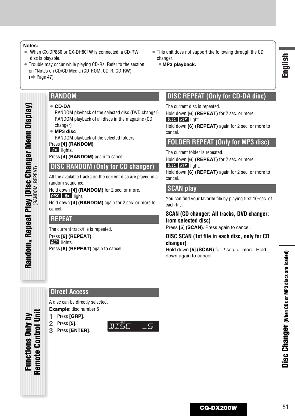 English, Random, repeat play (disc changer menu display), Functions only by remote control unit disc changer | Direct access, Random, Disc random (only for cd changer), Repeat, Disc repeat (only for cd-da disc), Folder repeat (only for mp3 disc), Scan play | Panasonic CQ-DX200W User Manual | Page 51 / 64