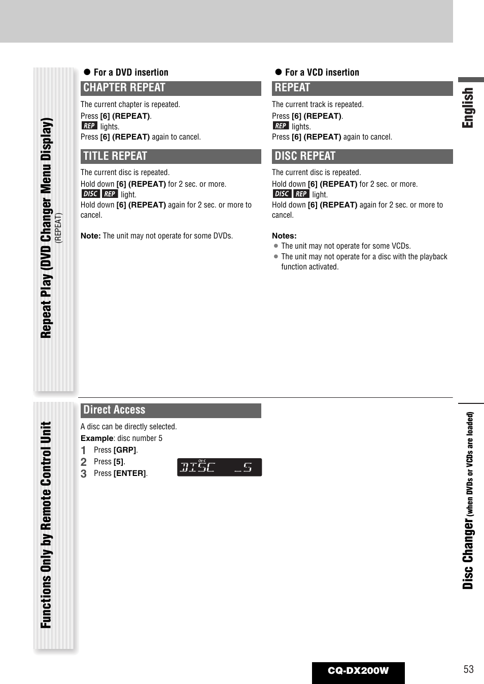 English, Repeat play (dvd changer menu display), Functions only by remote control unit disc changer | Chapter repeat, Title repeat, Repeat, Disc repeat, Direct access | Panasonic CQ-DX200W User Manual | Page 53 / 64