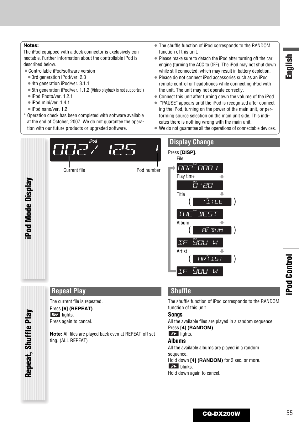English, Ipod control repeat, shuffle play, Ipod mode display | Repeat play, Shuffle, Display change | Panasonic CQ-DX200W User Manual | Page 55 / 64