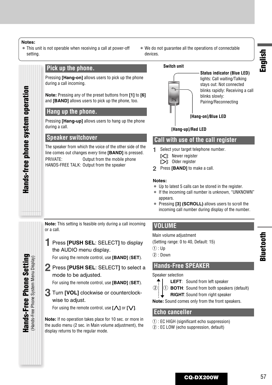 English, Bluetooth, Hands-free phone setting | Hands-free phone system operation, Pick up the phone, Hang up the phone, Speaker switchover, Call with use of the call register 1, Volume, Hands-free speaker | Panasonic CQ-DX200W User Manual | Page 57 / 64