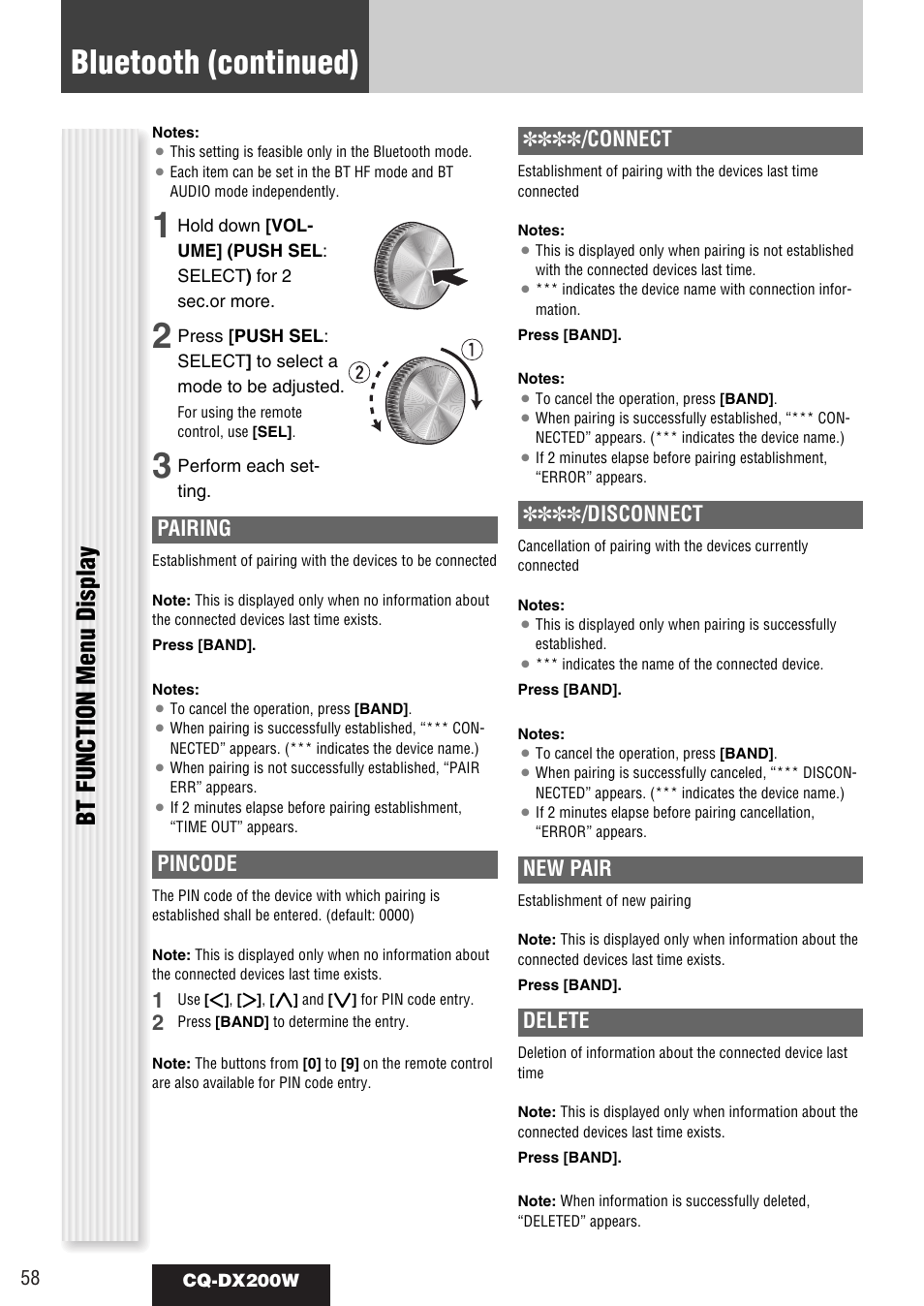 Bluetooth (continued), Bt function menu display, Pairing | Pincode, Connect, Disconnect, New pair, Delete | Panasonic CQ-DX200W User Manual | Page 58 / 64