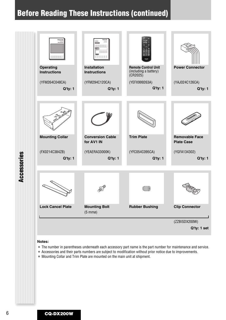 Before reading these instructions (continued), Accessories | Panasonic CQ-DX200W User Manual | Page 6 / 64