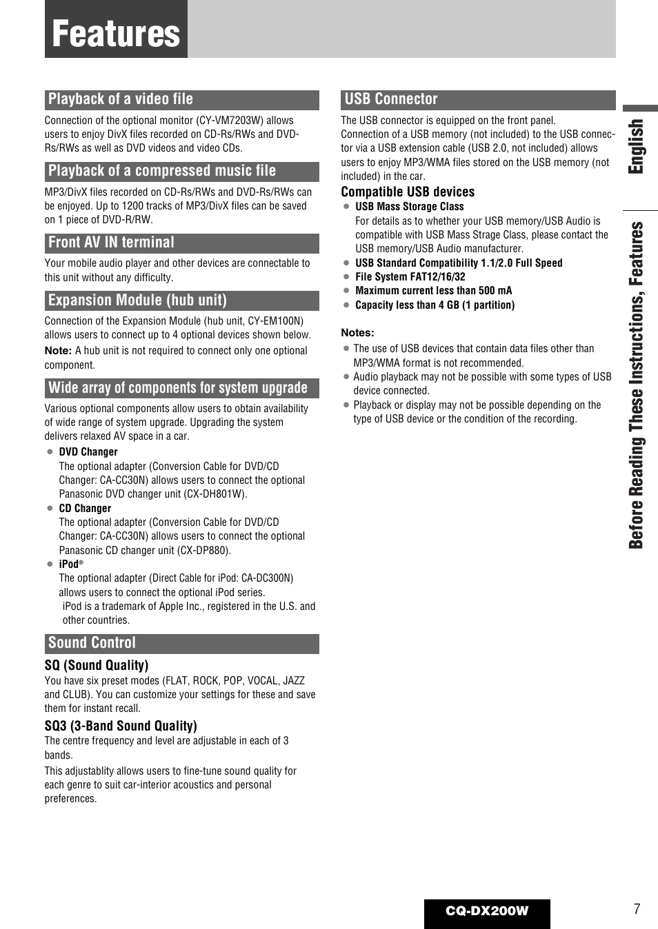 Features, English, Before reading these instructions, features | Playback of a video file, Playback of a compressed music file, Front av in terminal, Expansion module (hub unit), Wide array of components for system upgrade, Sound control, Usb connector | Panasonic CQ-DX200W User Manual | Page 7 / 64