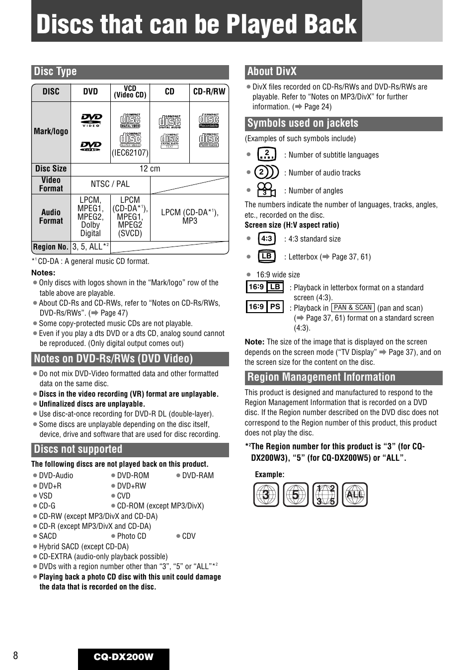 Discs that can be played back, Disc type, Discs not supported | About divx, Symbols used on jackets, Region management information | Panasonic CQ-DX200W User Manual | Page 8 / 64