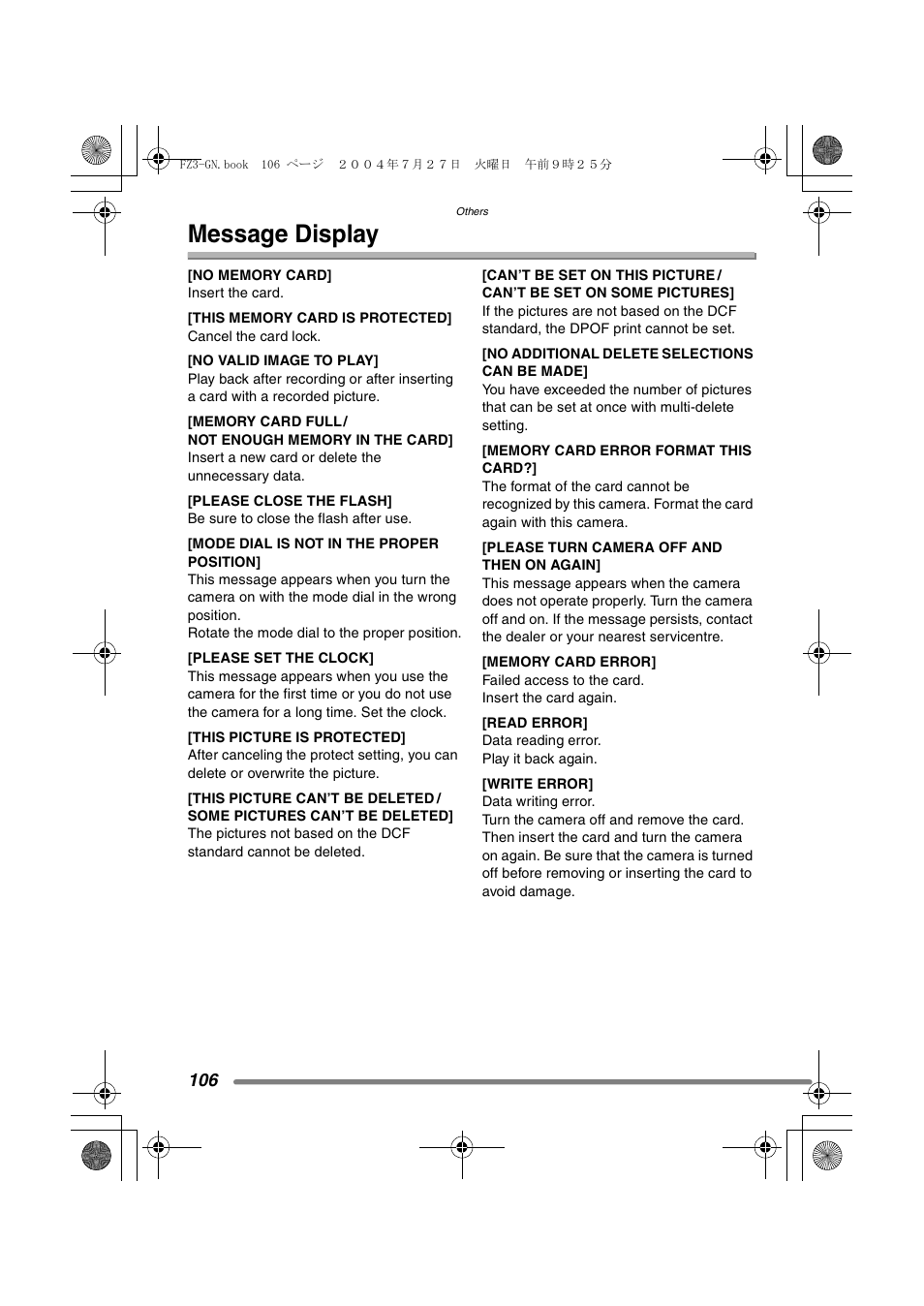 Message display | Panasonic DMC-FZ3GN User Manual | Page 106 / 112