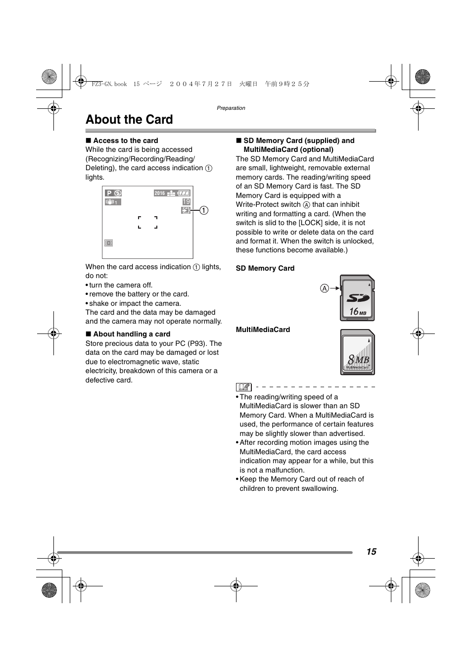 About the card | Panasonic DMC-FZ3GN User Manual | Page 15 / 112