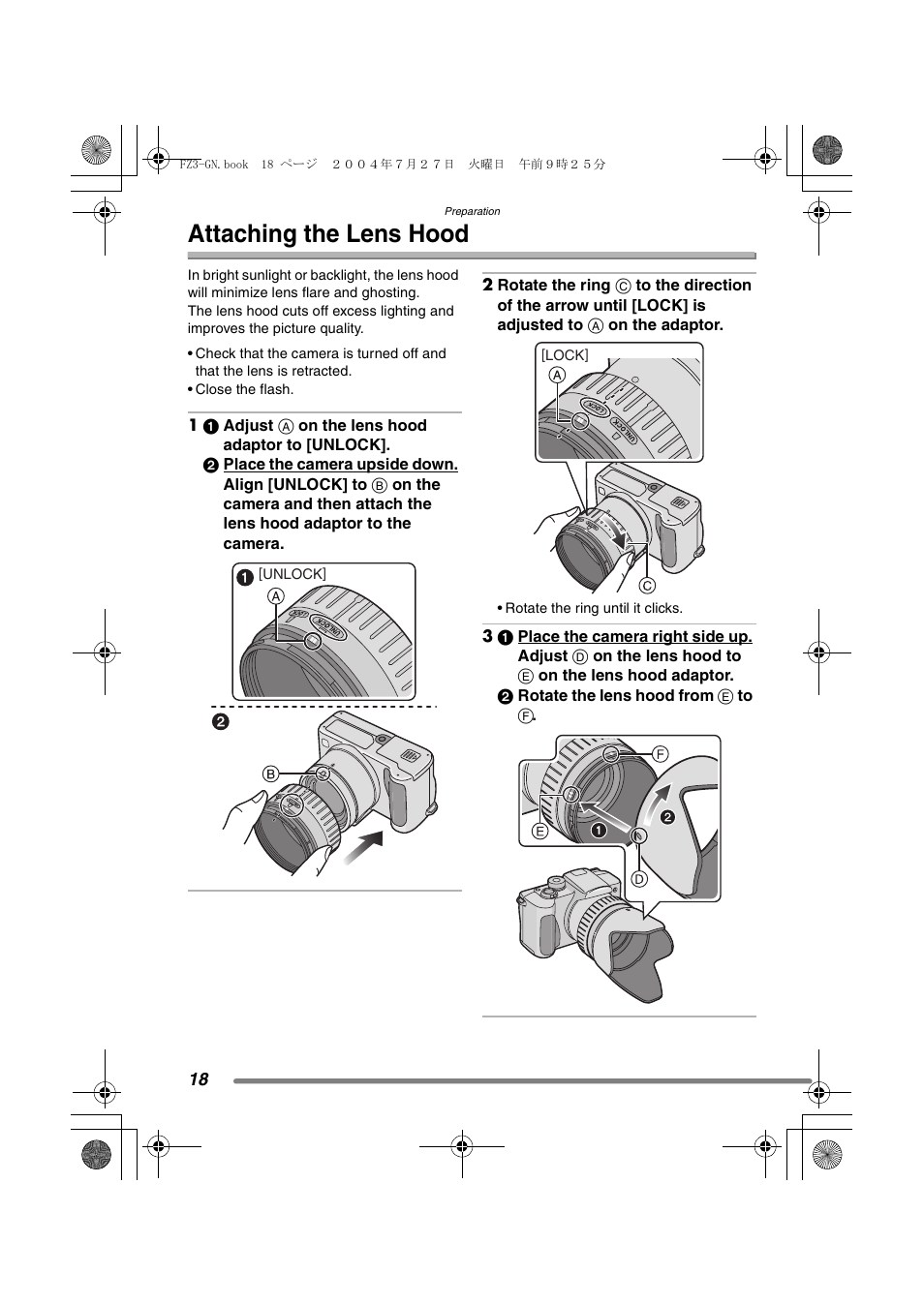 Attaching the lens hood | Panasonic DMC-FZ3GN User Manual | Page 18 / 112