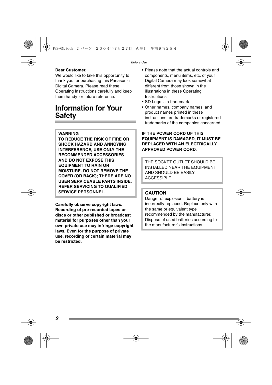 Information for your safety | Panasonic DMC-FZ3GN User Manual | Page 2 / 112