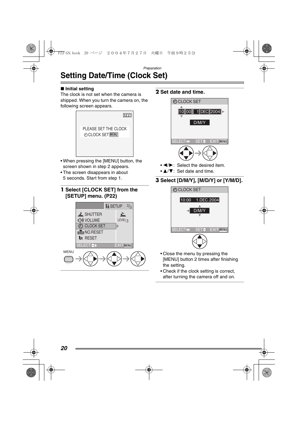 Setting date/time (clock set) | Panasonic DMC-FZ3GN User Manual | Page 20 / 112