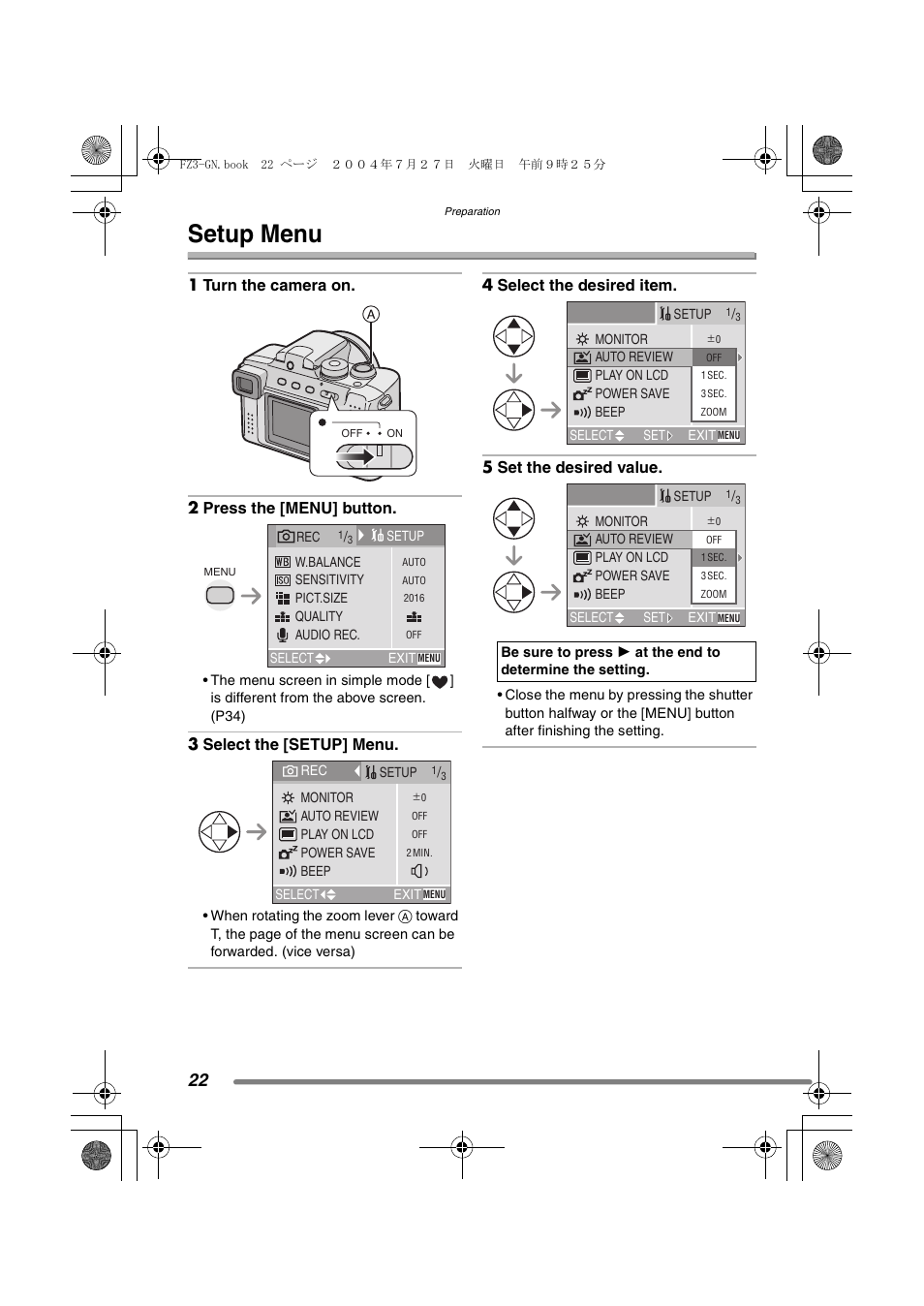 Setup menu | Panasonic DMC-FZ3GN User Manual | Page 22 / 112