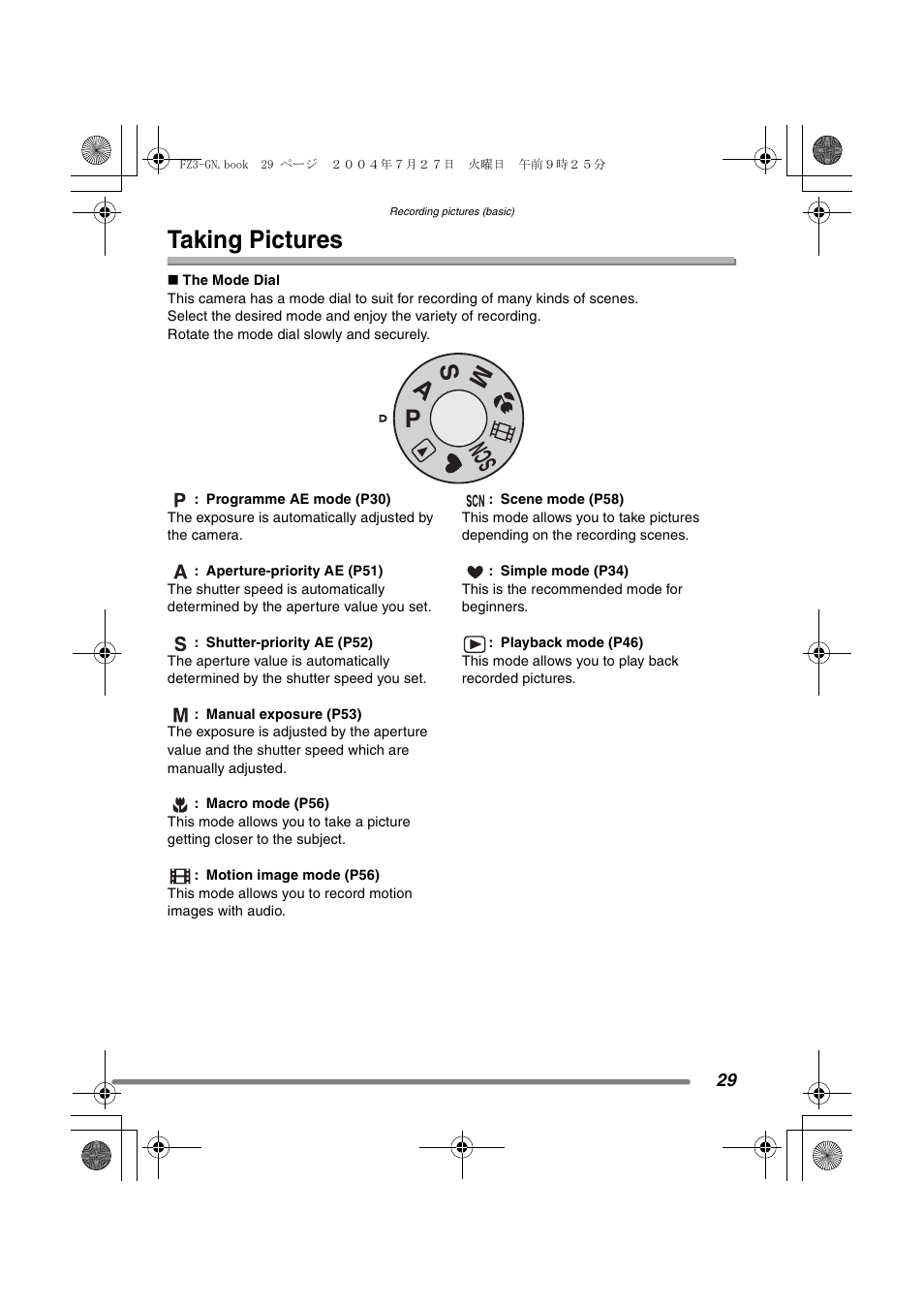 Taking pictures, Ms a p scn | Panasonic DMC-FZ3GN User Manual | Page 29 / 112