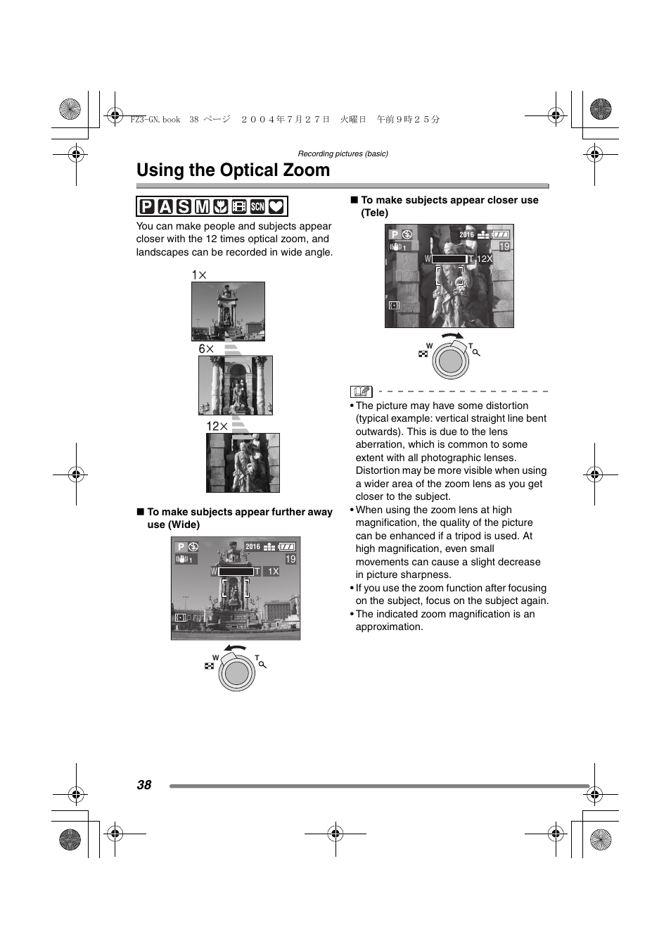 Using the optical zoom | Panasonic DMC-FZ3GN User Manual | Page 38 / 112
