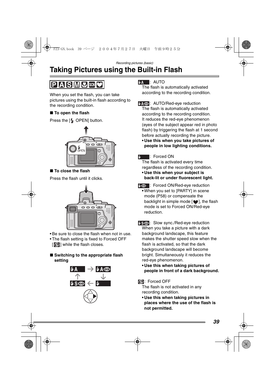 Taking pictures using the built-in flash | Panasonic DMC-FZ3GN User Manual | Page 39 / 112
