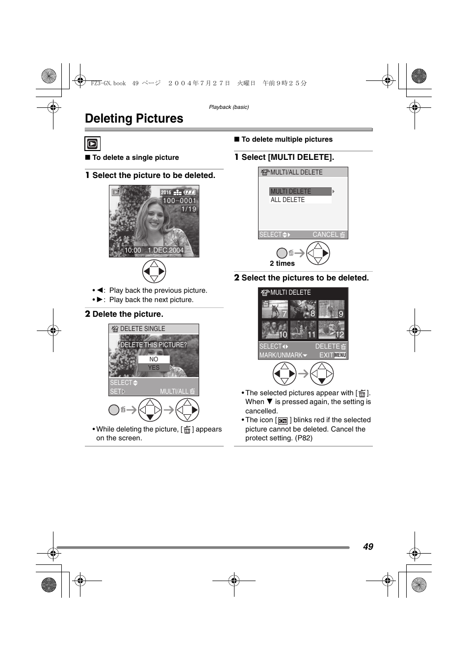 Deleting pictures | Panasonic DMC-FZ3GN User Manual | Page 49 / 112