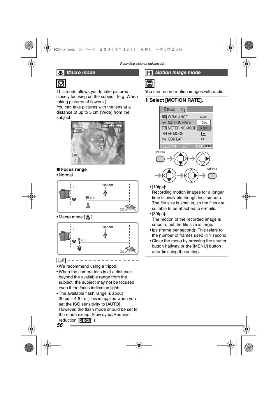 Macro mode, Motion image mode | Panasonic DMC-FZ3GN User Manual | Page 56 / 112
