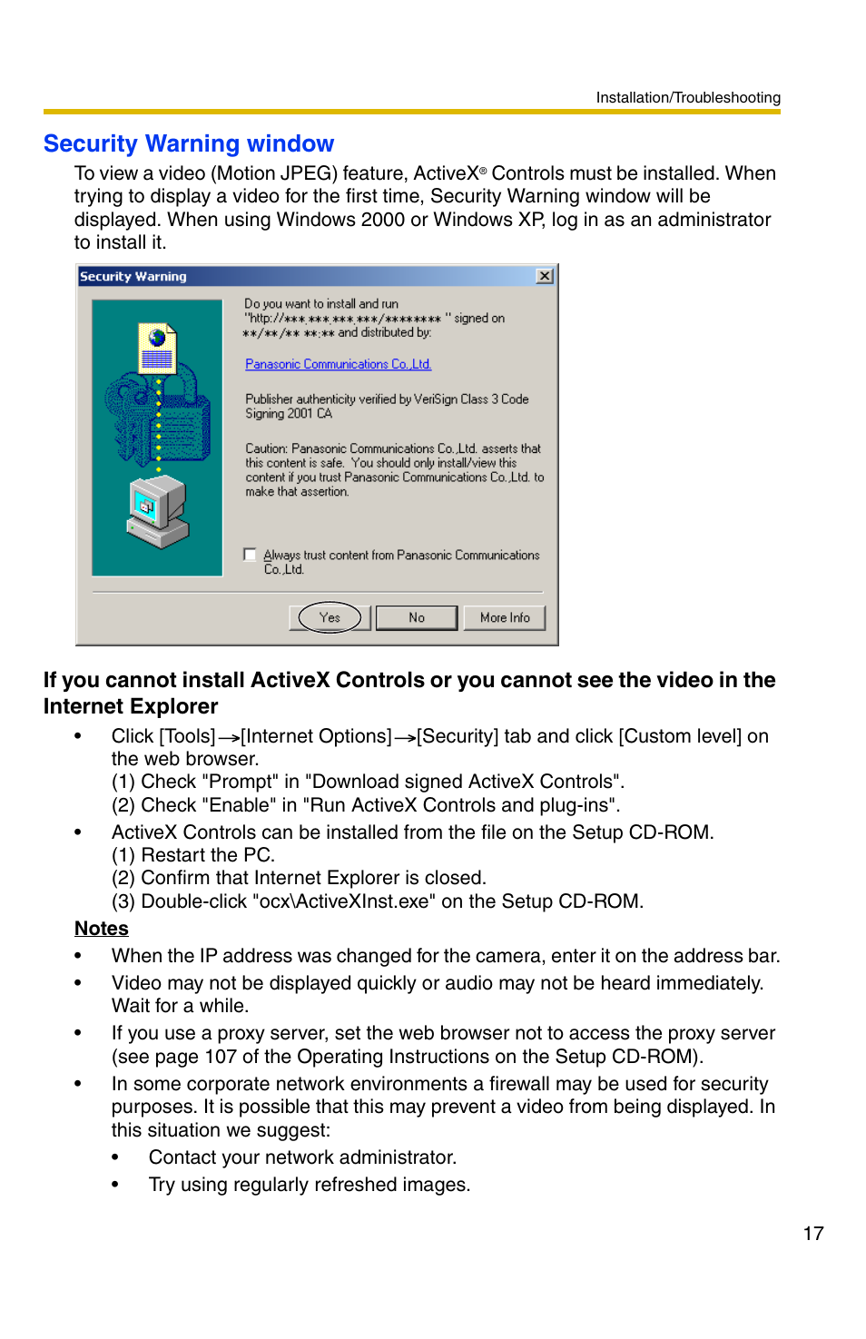 Ge 17), Security warning window | Panasonic BL-C30 User Manual | Page 17 / 36