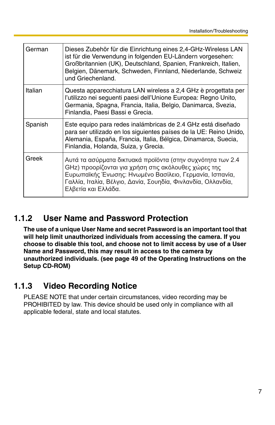 2 user name and password protection, 3 video recording notice | Panasonic BL-C30 User Manual | Page 7 / 36