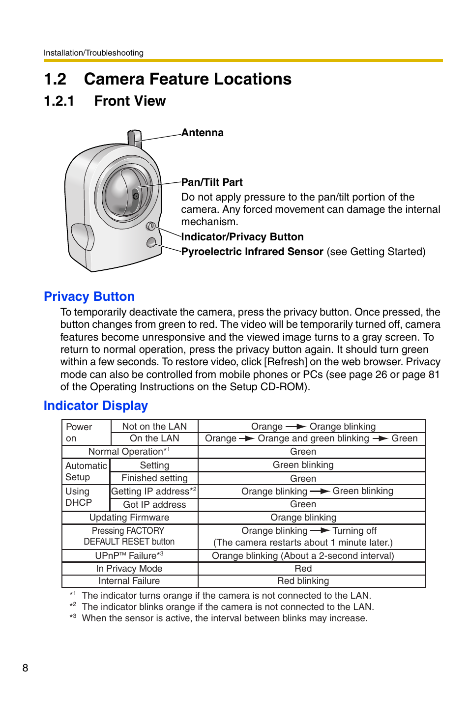 2 camera feature locations, 1 front view, Privacy button | Indicator display | Panasonic BL-C30 User Manual | Page 8 / 36