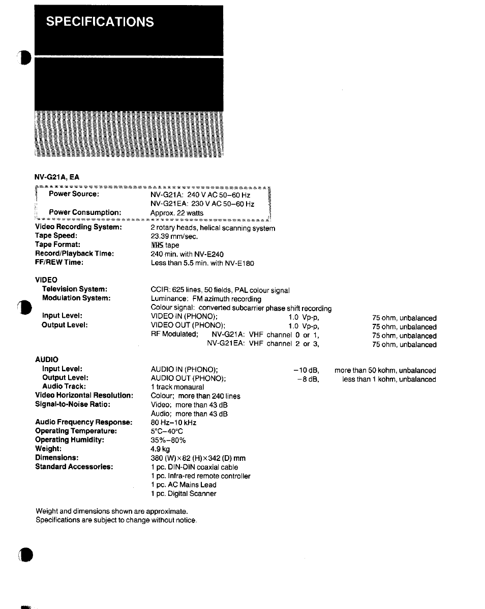 Specifications, Audio input level | Panasonic NV-G21 User Manual | Page 31 / 32
