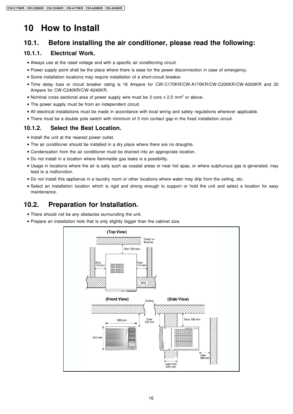 10 how to install, Preparation for installation, Electrical work | Select the best location | Panasonic CW-C200KR User Manual | Page 5 / 8