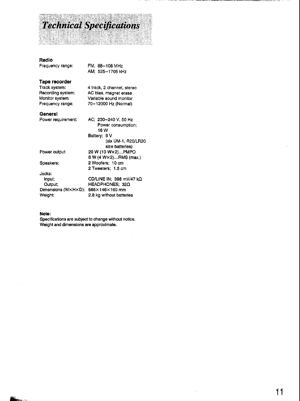 Radio, Tape recorder, General | Technical specifications | Panasonic RX-FT530 User Manual | Page 11 / 11