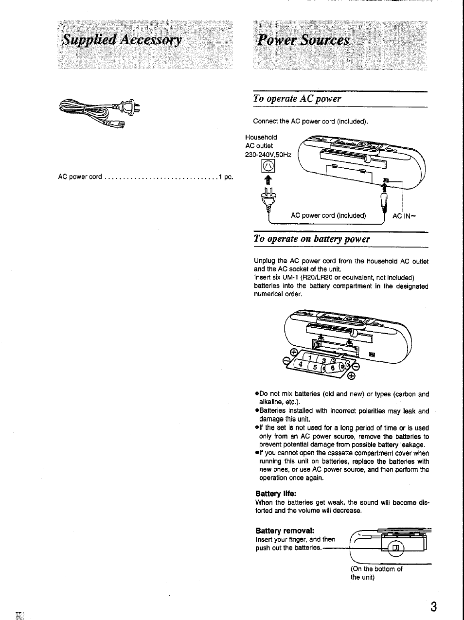 Battery life, Battery removal | Panasonic RX-FT530 User Manual | Page 3 / 11