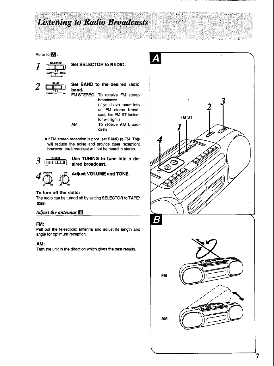 1 selector to radio, Set band to the desired radio band, To turn off the radio | Panasonic RX-FT530 User Manual | Page 7 / 11