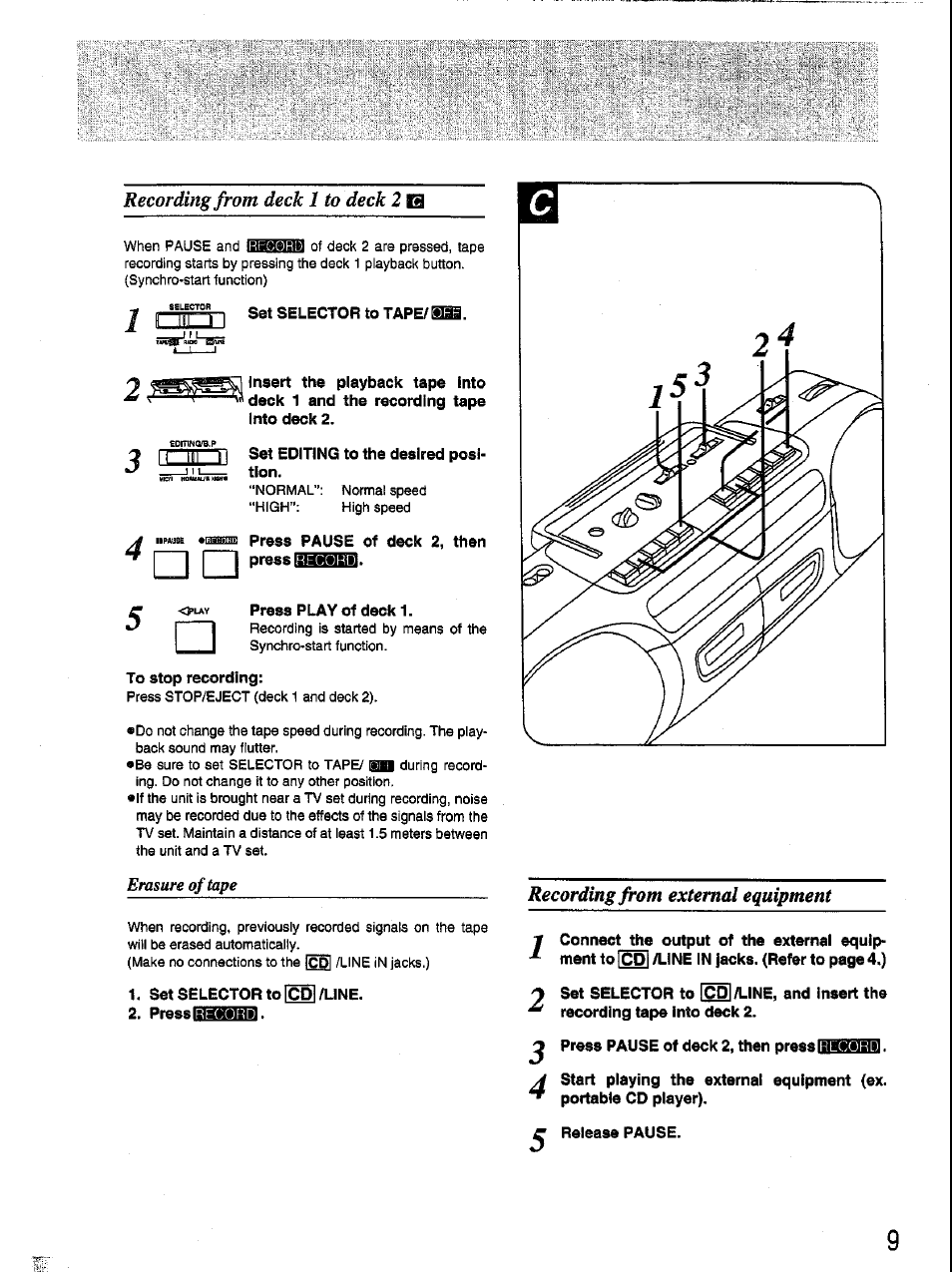 Set selector to tape/ss, Insert the playback tape into .| recording tape, T1 set editing to the desired position | To stop recording, Set selector to icdi /line, Press, Press pause of deck 2, then press, Release pause | Panasonic RX-FT530 User Manual | Page 9 / 11