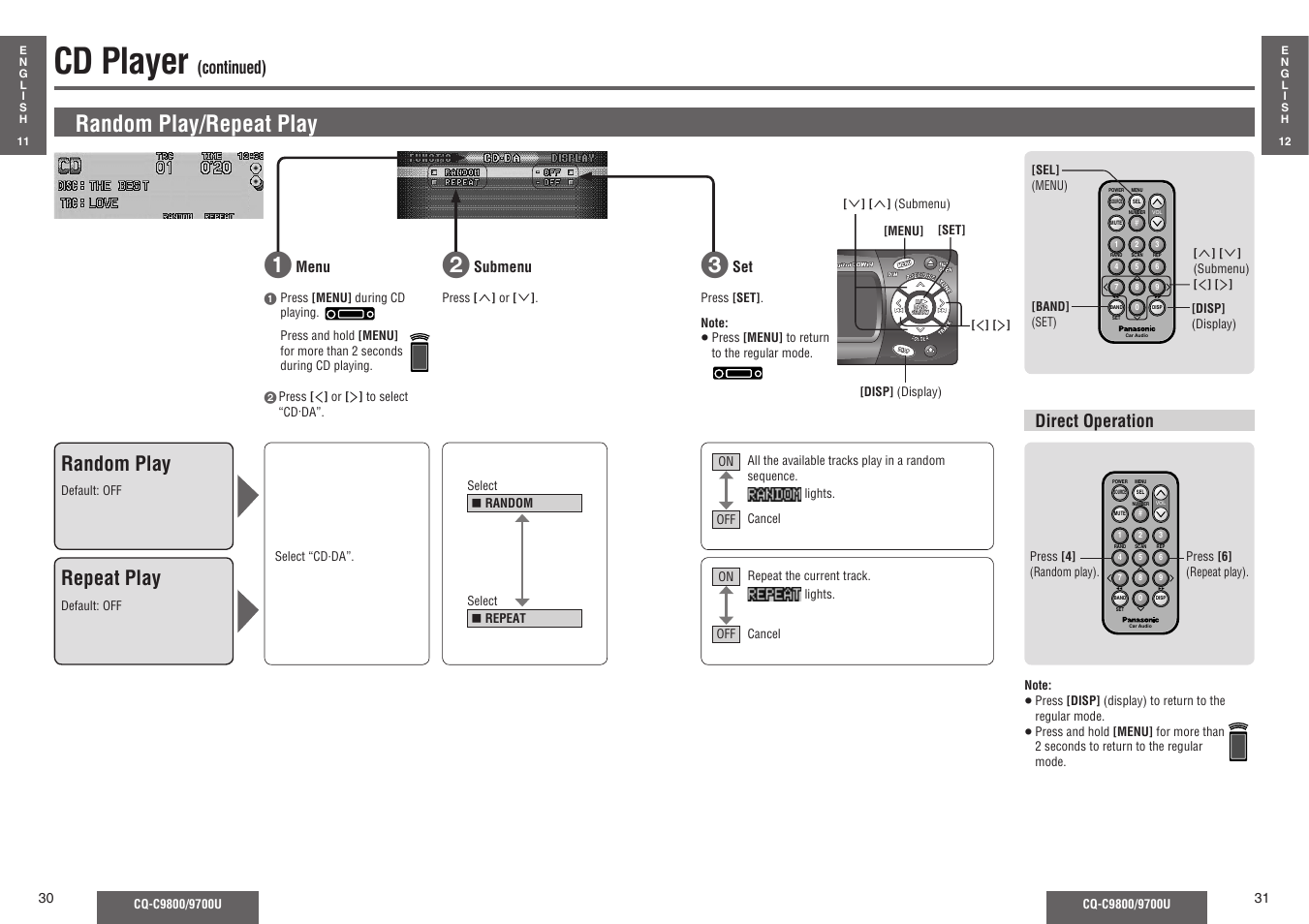 Cd player, Random play/repeat play, Random play | Repeat play, Continued), Direct operation | Panasonic C9700U User Manual | Page 10 / 33