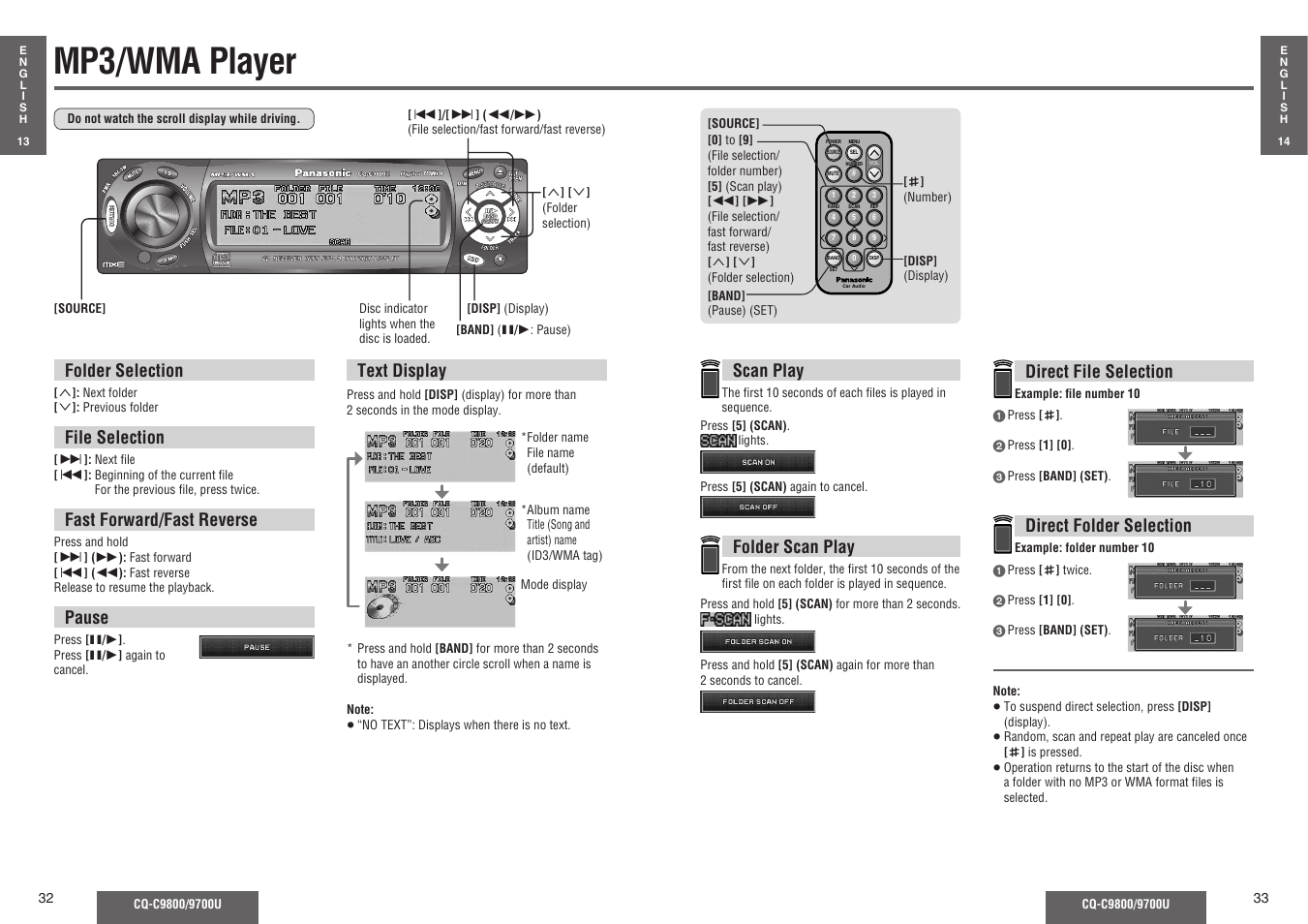 Mp3/wma player, Folder selection, File selection | Fast forward/fast reverse, Pause, Scan play, Folder scan play, Direct file selection, Direct folder selection, Text display | Panasonic C9700U User Manual | Page 11 / 33