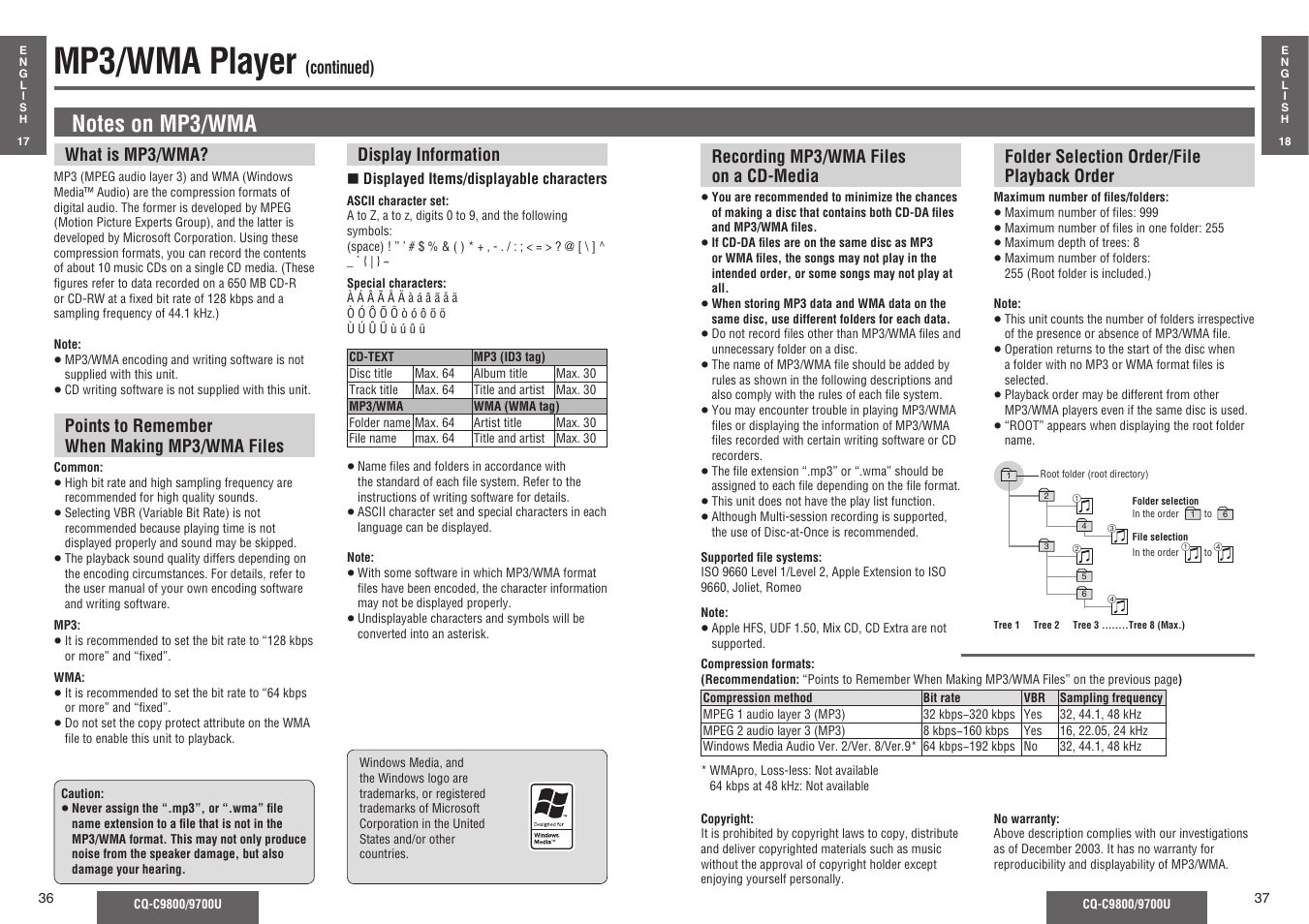 Mp3/wma player | Panasonic C9700U User Manual | Page 13 / 33