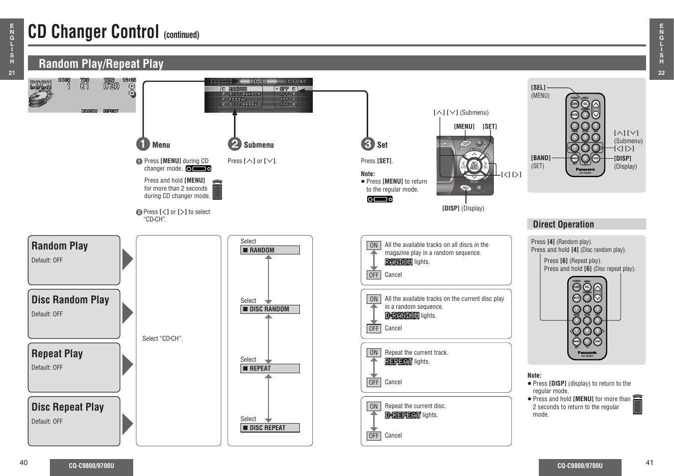 Cd changer control, Random play/repeat play, Random play | Disc random play, Repeat play, Disc repeat play, Continued), Direct operation | Panasonic C9700U User Manual | Page 15 / 33