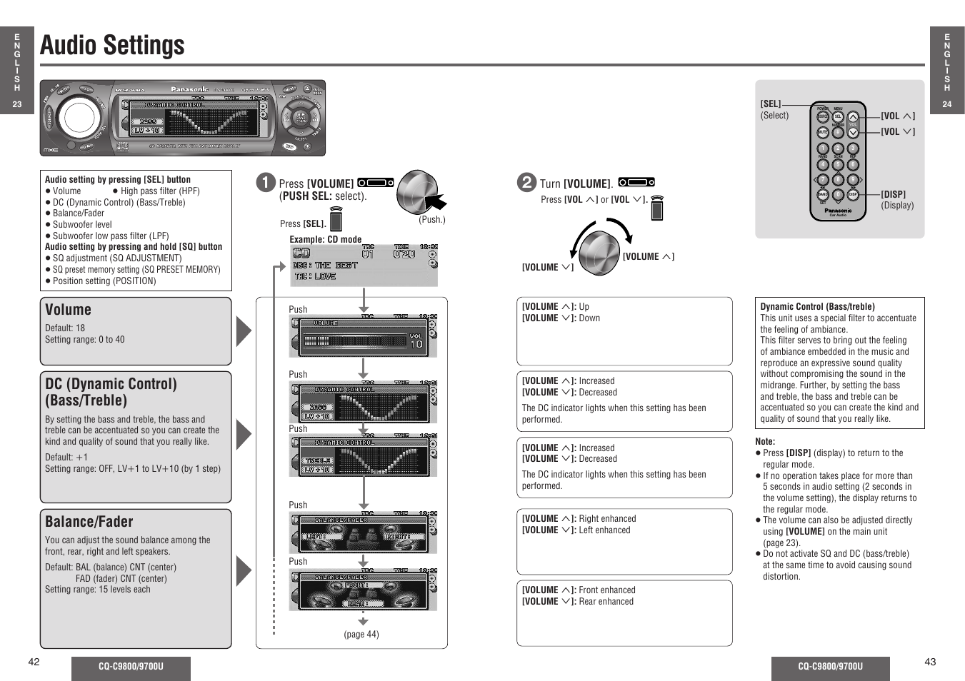 Audio settings, Volume, Dc (dynamic control) (bass/treble) | Balance/fader | Panasonic C9700U User Manual | Page 16 / 33