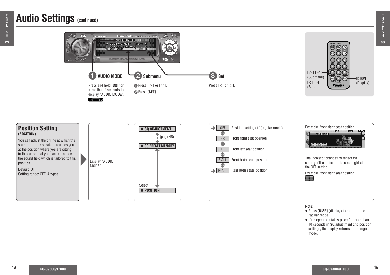 Audio settings, Position setting, Continued) | Panasonic C9700U User Manual | Page 19 / 33