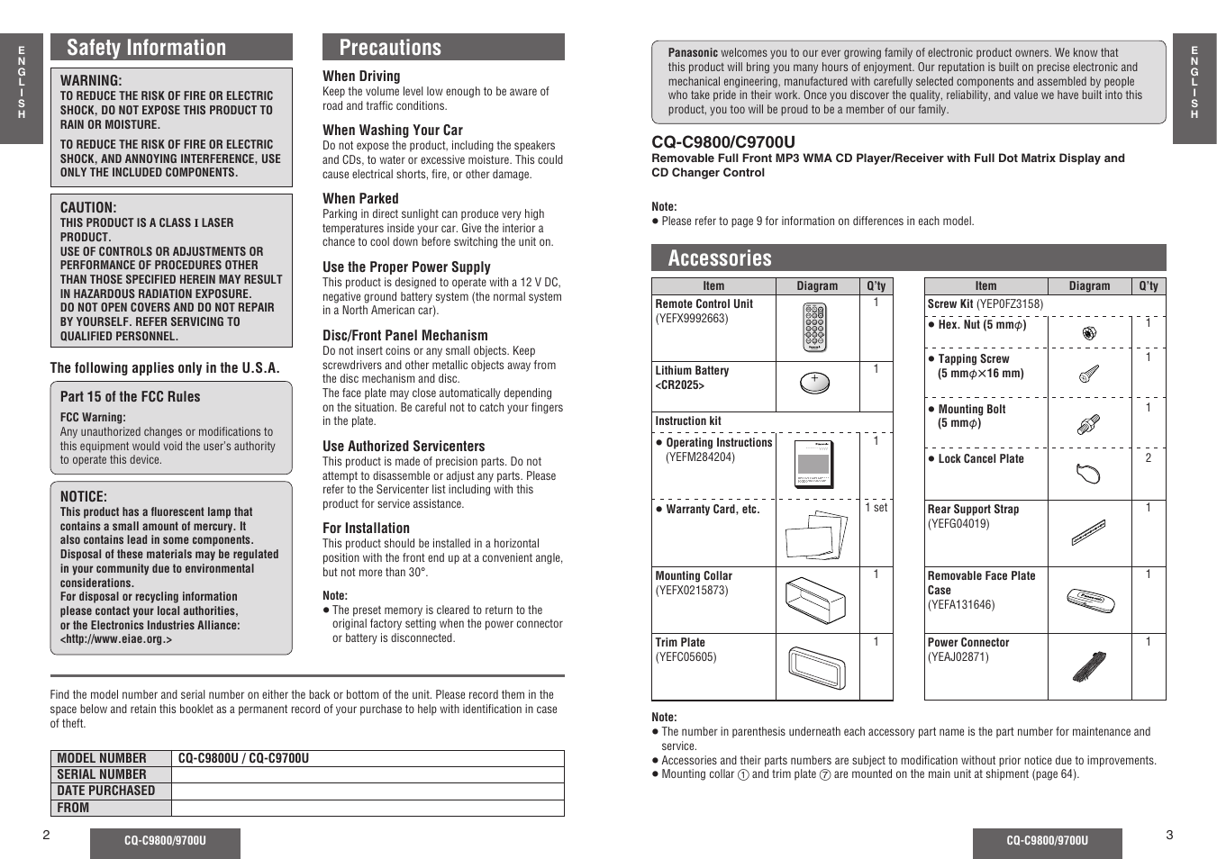 Accessories, Safety information, Precautions | Scan menu number 8 0 | Panasonic C9700U User Manual | Page 2 / 33