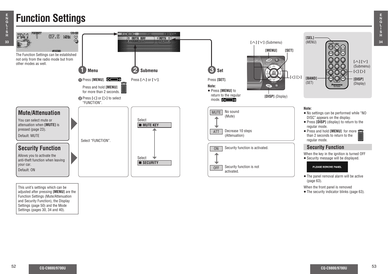 Function settings, Mute/attenuation, Security function | Panasonic C9700U User Manual | Page 21 / 33