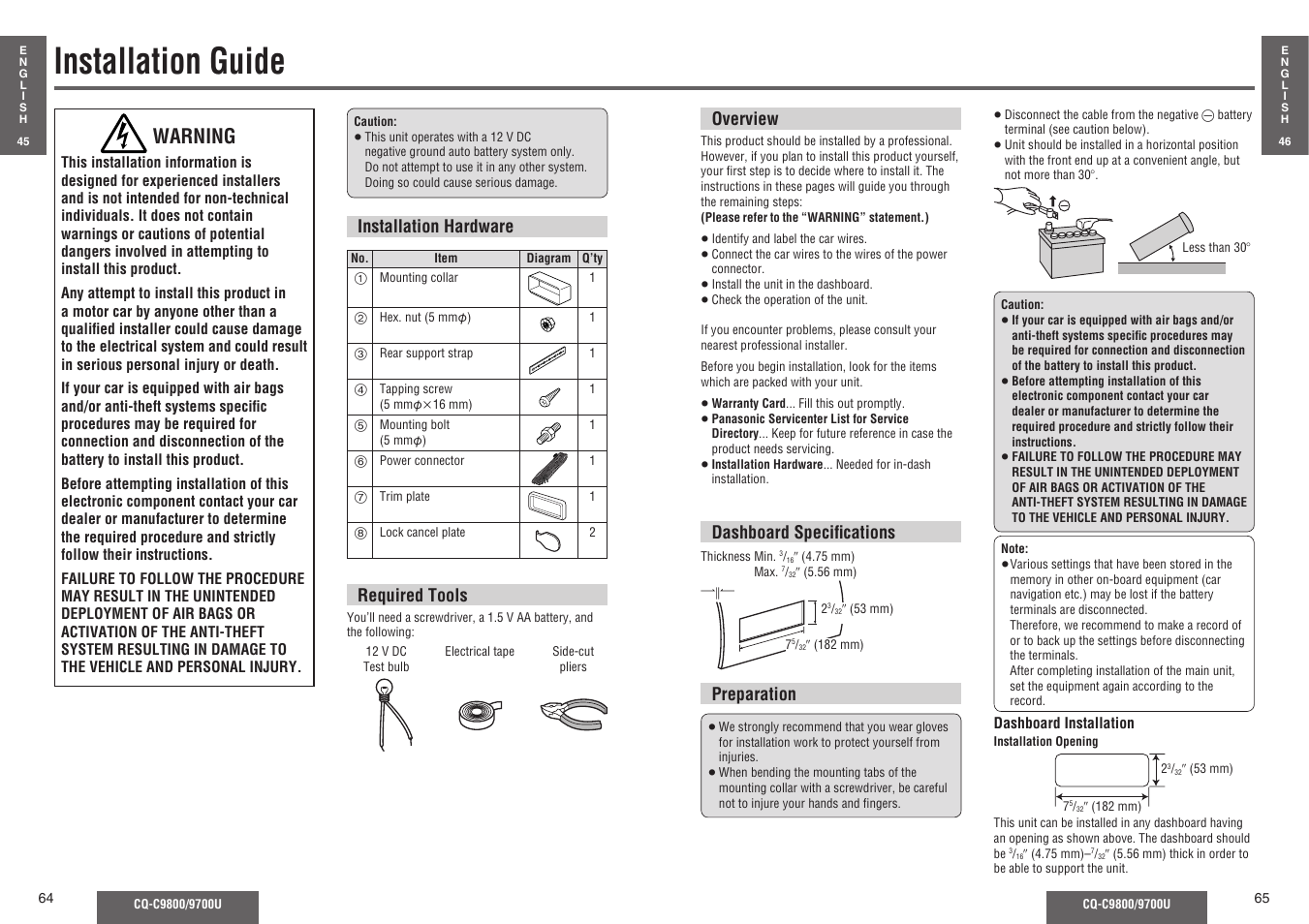 Installation guide, Warning | Panasonic C9700U User Manual | Page 27 / 33