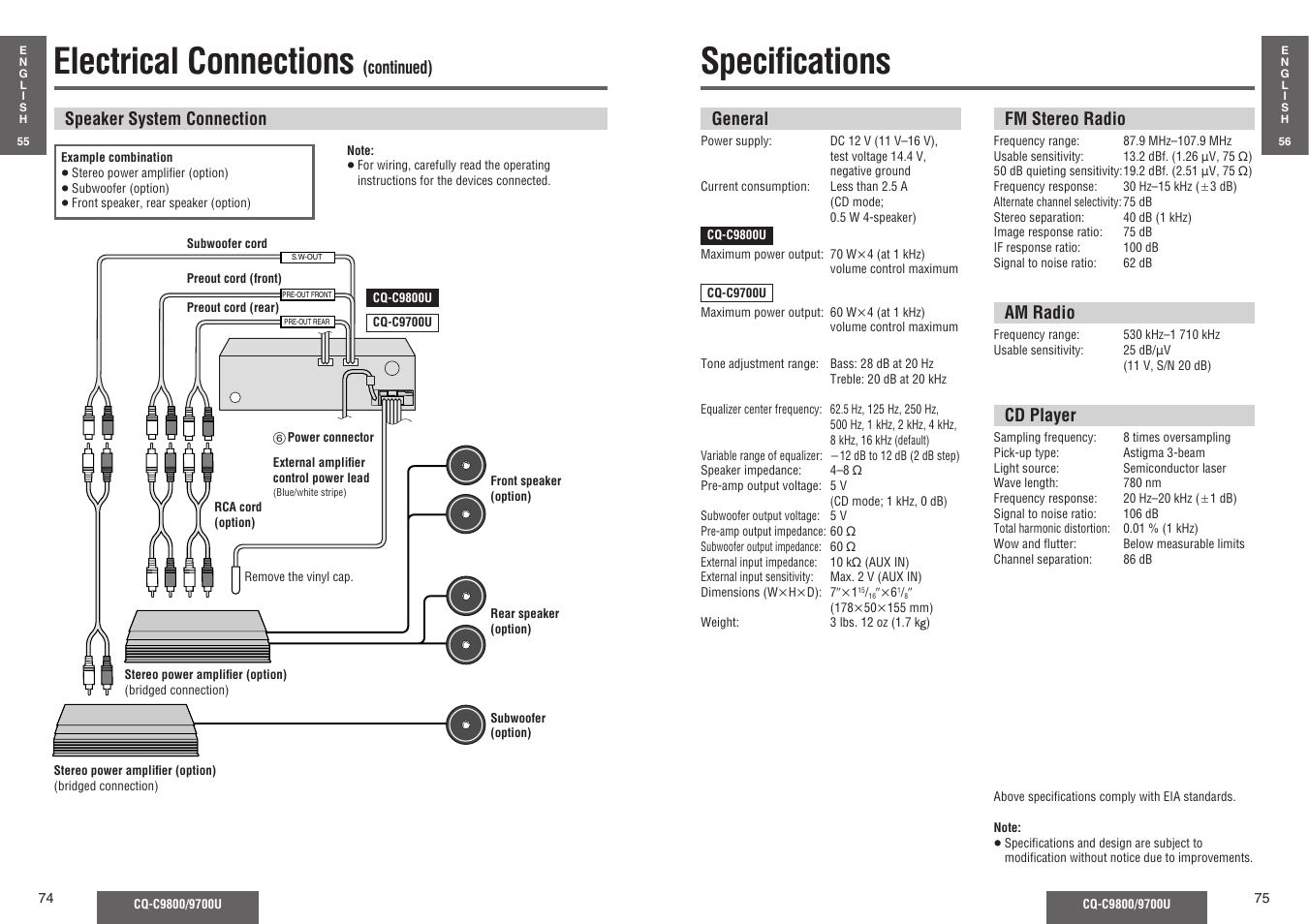 Specifi cations, Electrical connections | Panasonic C9700U User Manual | Page 32 / 33